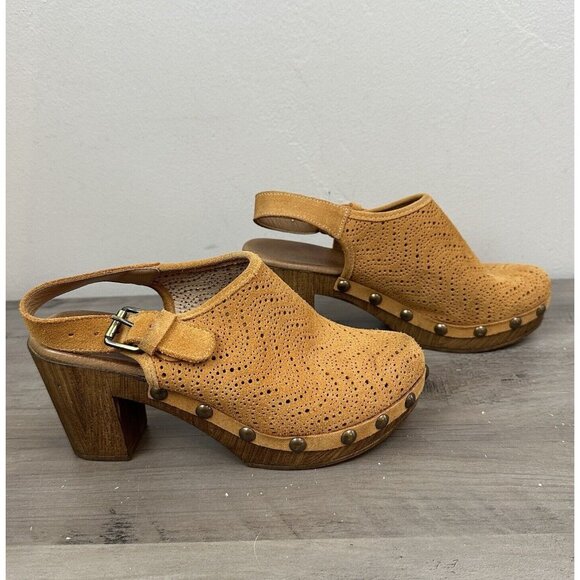 Eric Michael Shoes - Eric Michael Julia Camel Brown Suede Leather Sling Back Block Heel Clogs Size 37